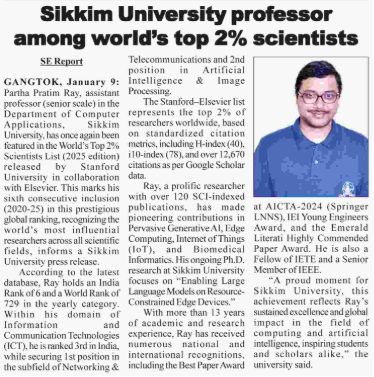 Sikkim Express news cutout – Top 2% Scientist January 2026